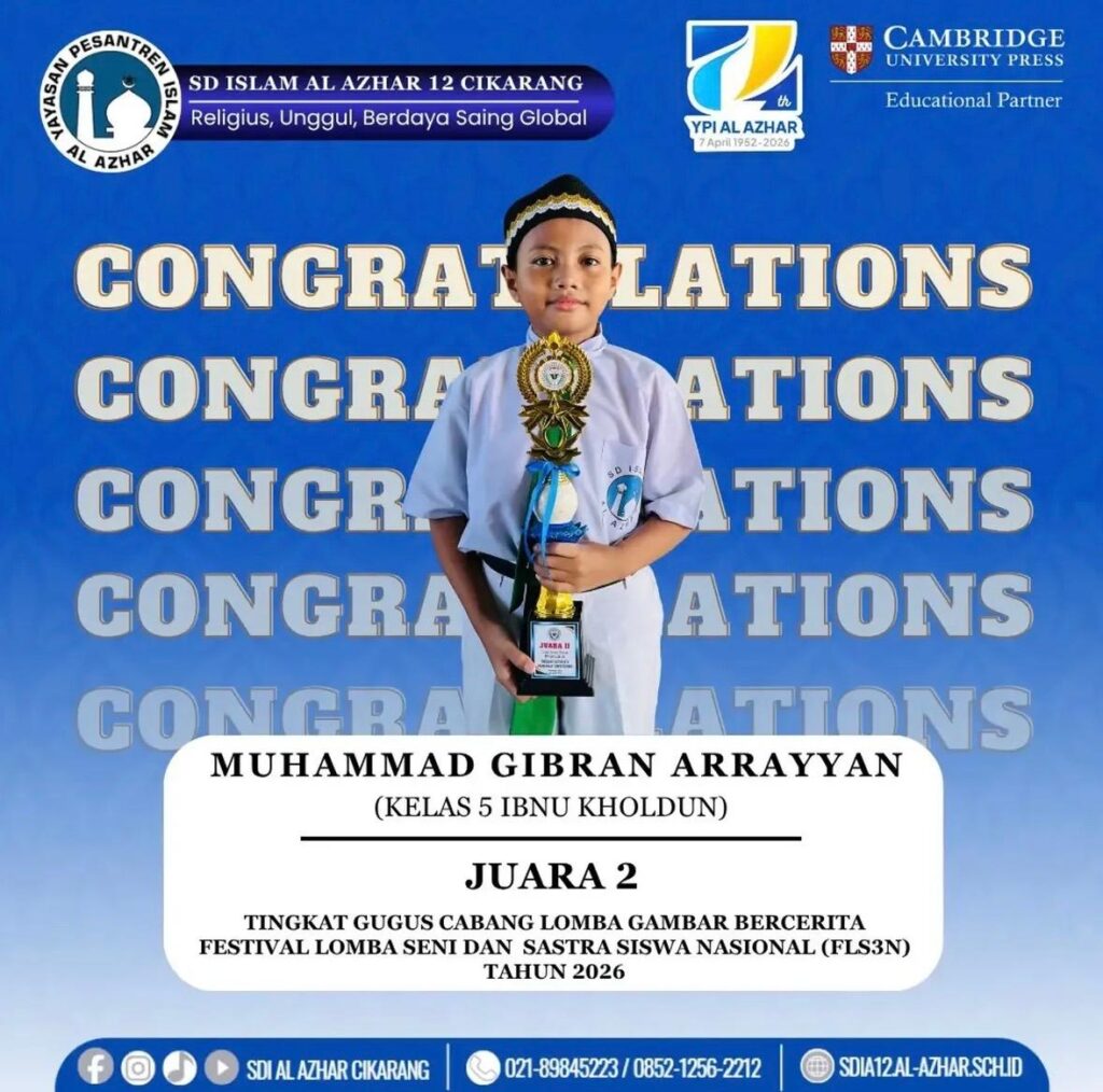 Muhammad Gibran Arrayyan, murid kelas 5 SD Islam Al Azhar 12 Cikarang, tersenyum bangga memegang trofi dan piagam Juara 2 Lomba Gambar Bercerita FLS3N 2026 Tingkat Gugus.