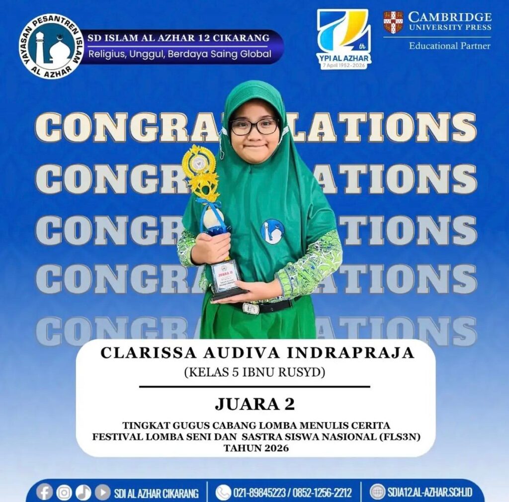 Potret Clarissa Audiva Indrapraja, murid SD Islam Al Azhar 12 Cikarang mengenakan seragam batik Al Azhar, memegang piala dan sertifikat Juara 2 Lomba Menulis Cerita FLS3N 2026.