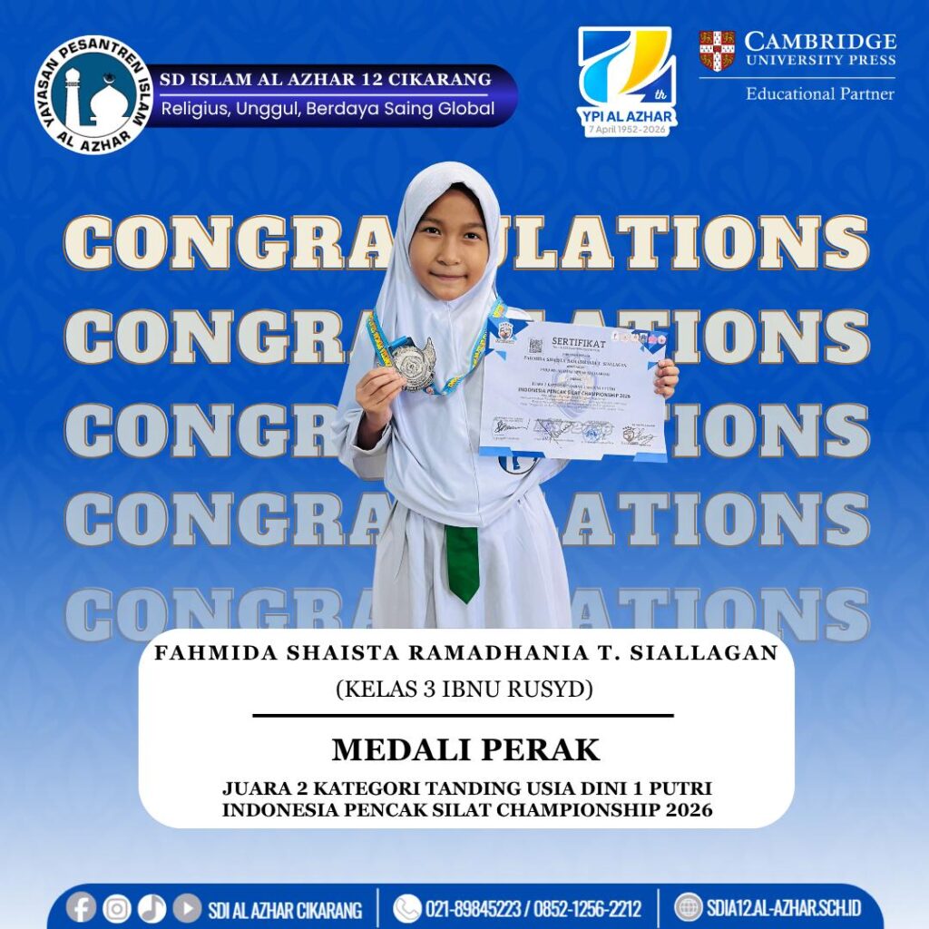 Fahmida Shaista Ramadhania murid SD Islam Al Azhar 12 Cikarang memegang medali perak dan sertifikat Juara 2 Pencak Silat Championship 2026.