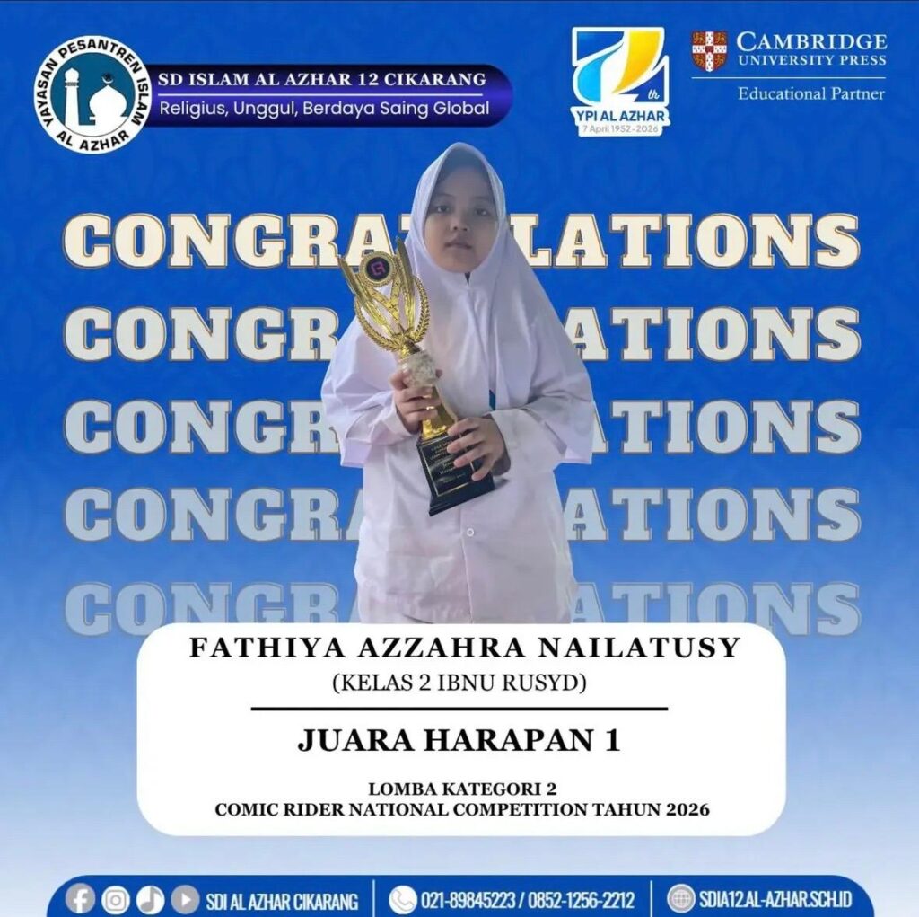 Fathiya Azzahra Nailatusy murid Kelas 2 SD Islam Al Azhar 12 Cikarang memegang piala Juara Harapan 1 Comic Rider 2026 sebagai bukti sekolah SD terbaik.