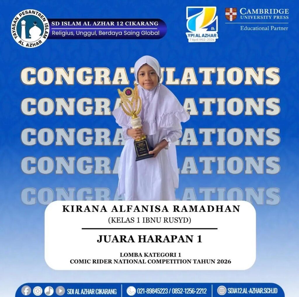 Kirana Alfanisa Ramadhan murid Kelas 1 SD Islam Al Azhar 12 Cikarang memegang piala Juara Harapan 1 Comic Rider National Competition 2026.