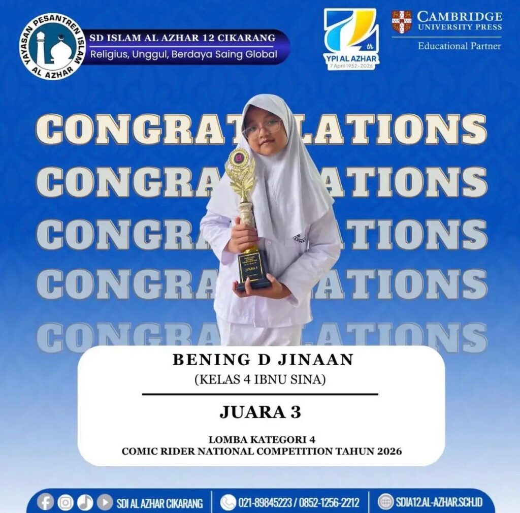 Bening D Jinaan murid Kelas 4 SD Islam Al Azhar 12 Cikarang raih Juara 3 lomba kreativitas Comic Rider National Competition 2026.
