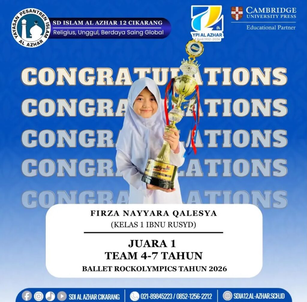 Firza Nayyara Qalesya murid SD Islam Al Azhar 12 Cikarang tersenyum memegang piala Juara 1 Ballet Rockolympics 2026.