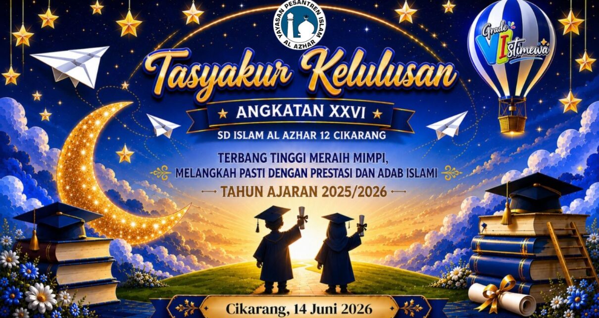 Banner Tasyakur Kelulusan Angkatan XXVI SD Islam Al Azhar 12 Cikarang Tahun Ajaran 2025/2026 bertema Prestasi dan Adab Islami.