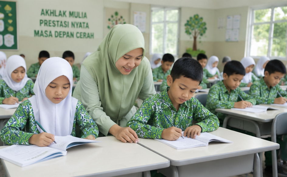 Guru mendampingi murid dalam proses pembelajaran yang interaktif di lingkungan sekolah yang nyaman, friendly, dan mendukung prestasi akademik