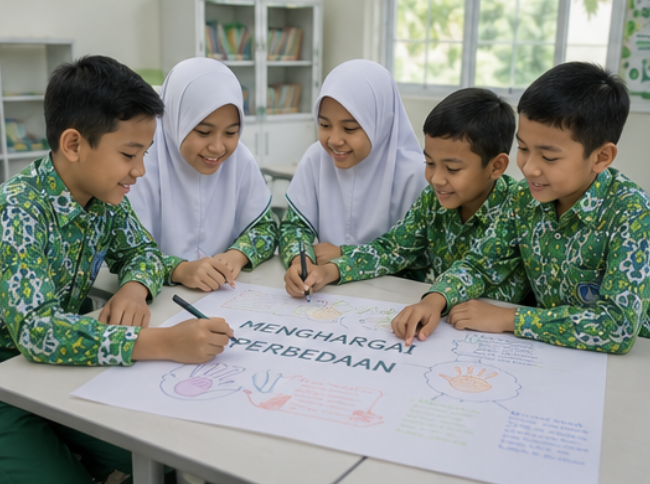 Kegiatan belajar bersama menjadi kesempatan bagi murid untuk saling membantu, mendengarkan pendapat, dan menghargai perbedaan kemampuan setiap teman.
