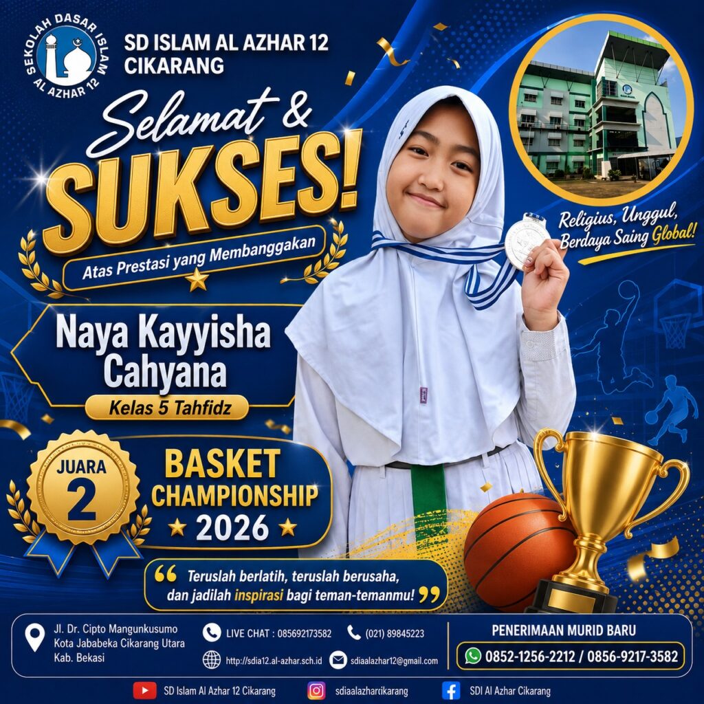 Naya Kayyisha Cahyana, murid kelas 5 Tahfidz SD Islam Al Azhar 12 Cikarang, meraih Juara 2 Basket Championship 2026.