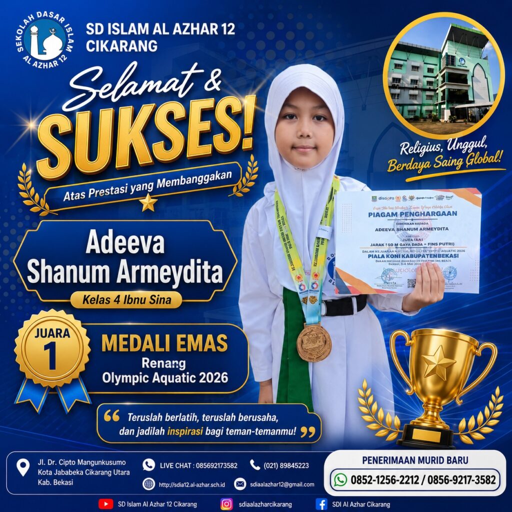 Adeeva Shanum Armeydita, murid kelas 4 Ibnu Sina SD Islam Al Azhar 12 Cikarang, meraih Juara 1 dan medali emas renang pada Olympic Aquatic 2026.