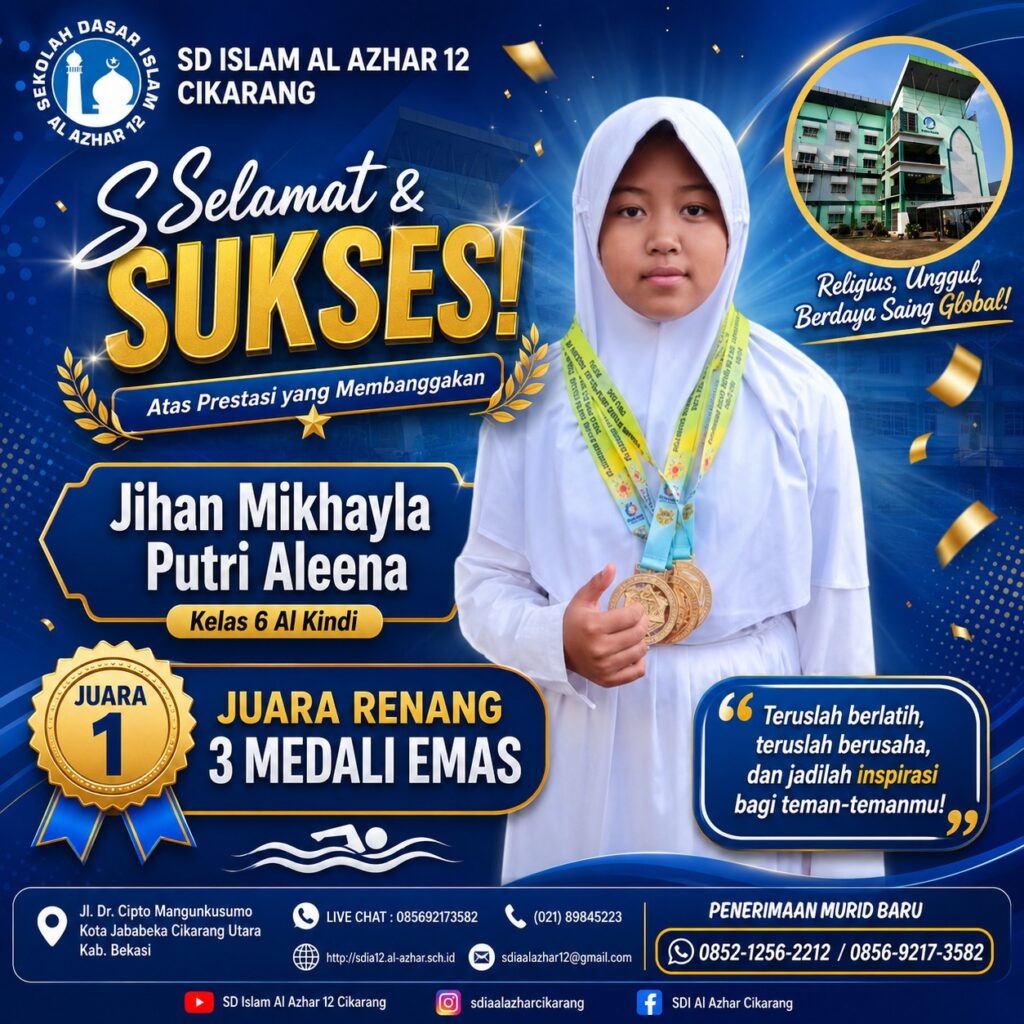 Prestasi membanggakan Jihan Mikhayla Putri Aleena, murid kelas 6 Al Kindi SD Islam Al Azhar 12 Cikarang, yang meraih 3 medali emas dalam cabang olahraga renang.