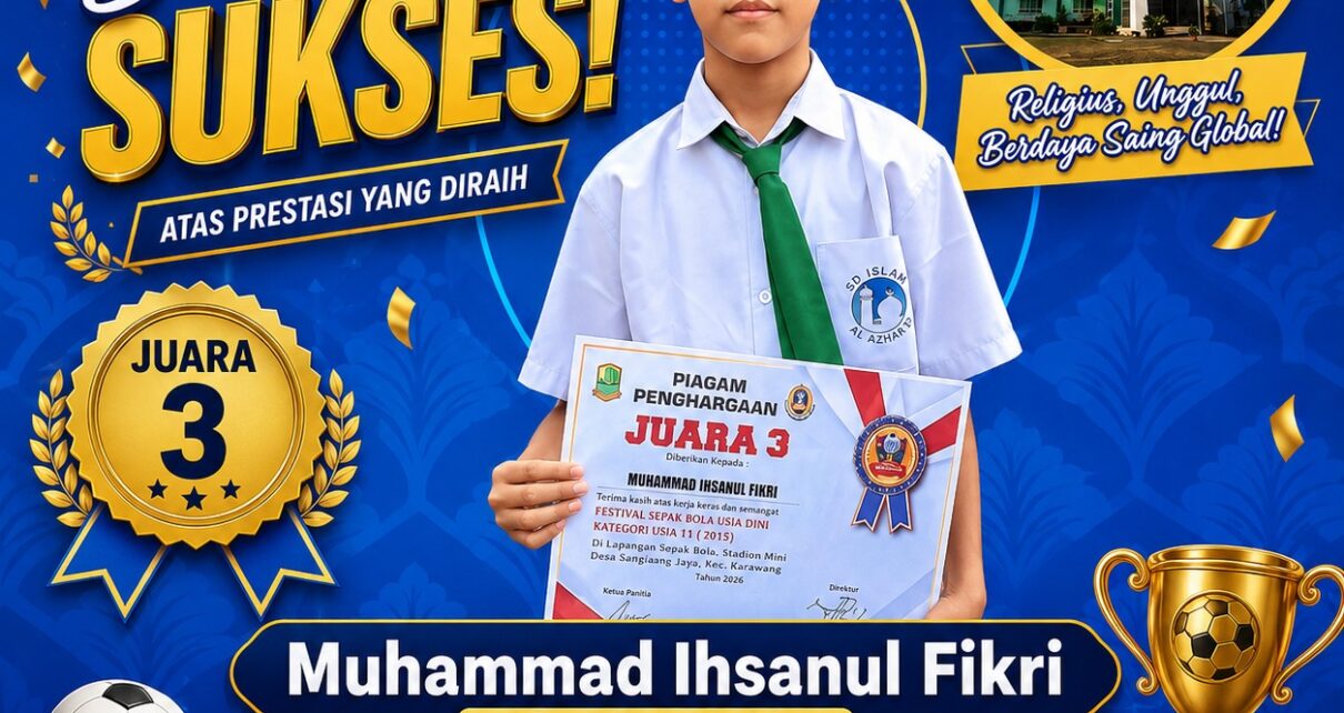 Muhammad Ihsanul Fikri, murid kelas 5 Ibnu Kholdun SD Islam Al Azhar 12 Cikarang, meraih Juara 3 Festival Sepak Bola Usia Dini Kategori Usia 11 Tahun 2026.