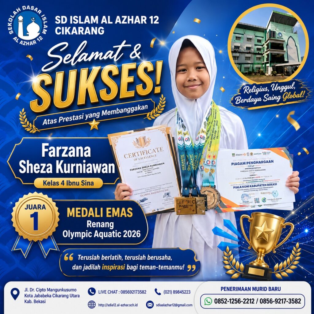 Farzana Sheza Kurniawan, murid kelas 4 Ibn Sina SD Islam Al Azhar 12 Cikarang, meraih medali emas renang Olympic Aquatic 2026.