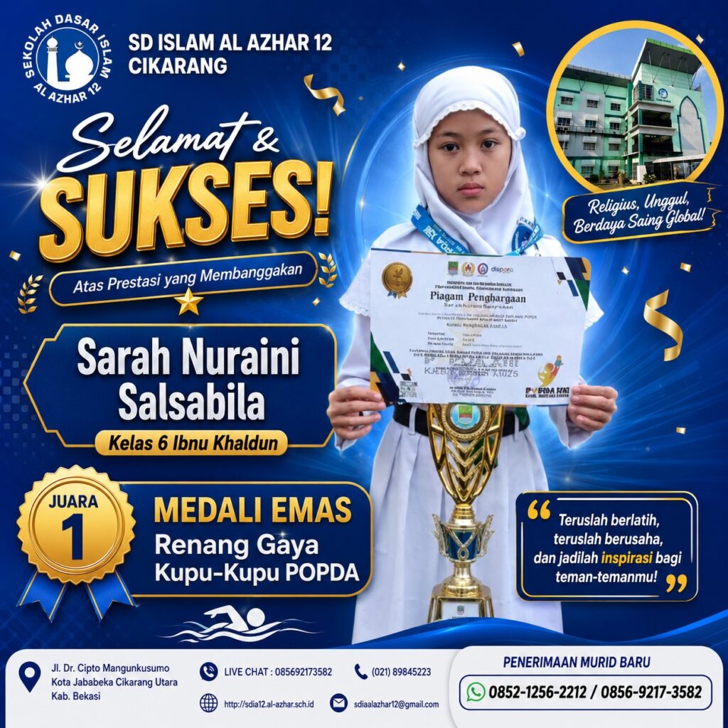 Sarah Nuraini Salsabila, murid kelas 6 Ibn Khaldun SD Islam Al Azhar 12 Cikarang, meraih Juara 1 dan medali emas renang gaya kupu-kupu POPDA.