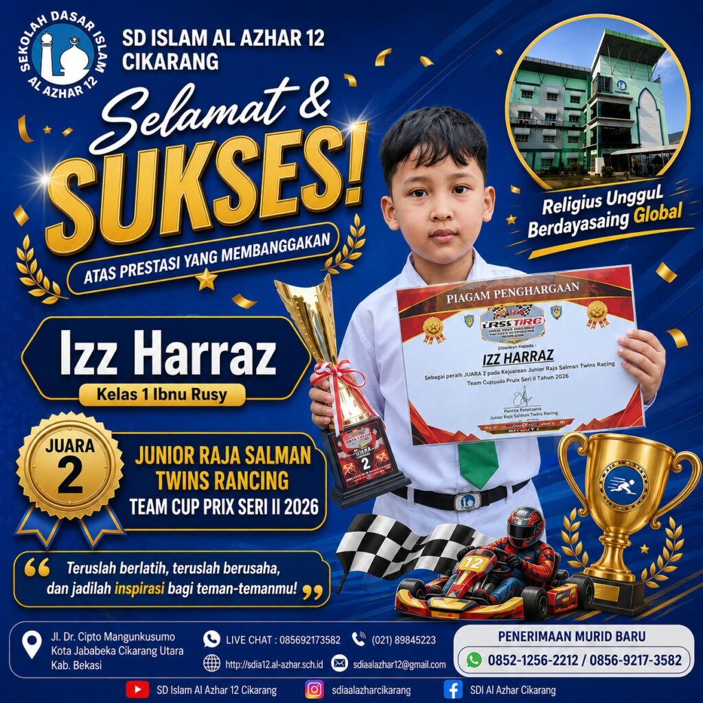 Izz Harraz, murid kelas 1 Ibnu Rusy SD Islam Al Azhar 12 Cikarang, meraih Juara 2 pada Kejuaraan Junior Raja Salman Twins Racing Team Cup Prix Seri II 2026.